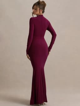 Mozision High Neck Long Sleeve Mermaid Maxi Dress Women Slim Ruched Waist Bodycon Floor Length Evening Party Formal Dress