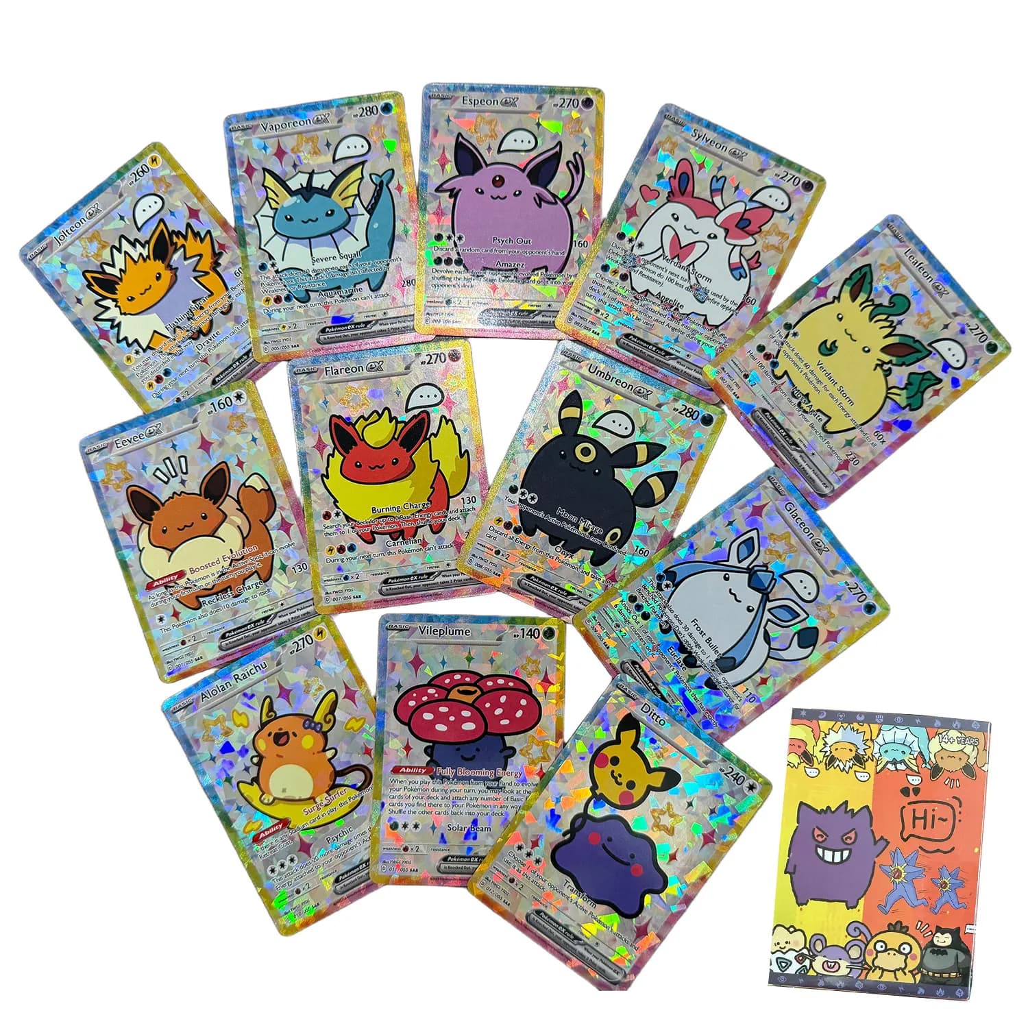 55Pcs Chibi DIY Card Poke Collection PTCG Holographic Cute Anime Version Classical Cards Gengar Charizard Eevee Pocket Monster