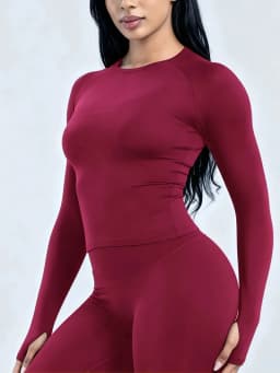 Women Long Sleeve Yoga Top Crew Neck Raglan Thumb Hole Slim Fit Cropped Workout Shirt Seamless Breathable Sports Running Gym Top