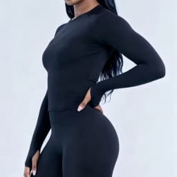 Women Long Sleeve Yoga Top Crew Neck Raglan Thumb Hole Slim Fit Cropped Workout Shirt Seamless Breathable Sports Running Gym Top