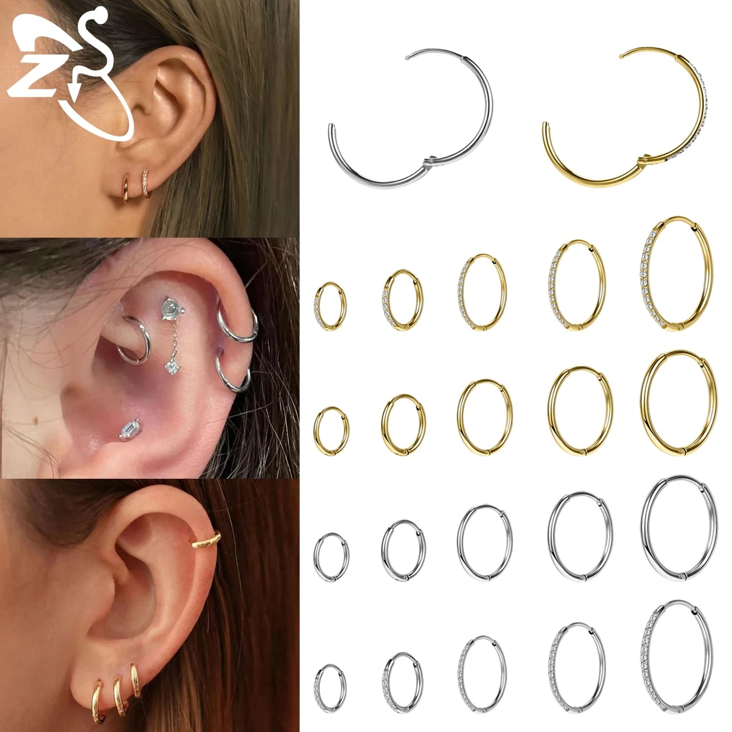 ZS 1 PC 20G Stainless Steel Hoop Earring 6/8/10/12MM Round Stud Earrings CZ Crystal Nose Ring Helix Cartilage Piercings Jewelry