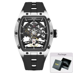 MEGIR Tonneau Skeleton Mechanical Watch Men Sport Wristwatch Silicone Strap Luxury Hollow Dial Male Automatic Mechanical Watches