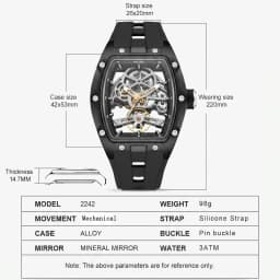 MEGIR Tonneau Skeleton Mechanical Watch Men Sport Wristwatch Silicone Strap Luxury Hollow Dial Male Automatic Mechanical Watches