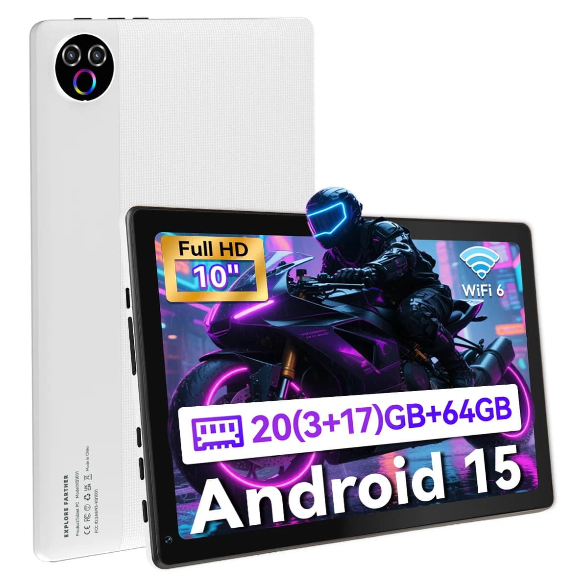 KB1001 Android 16 Tablet 10 Inch IPS HD Display, 20GB RAM (3+17GB Virtual) 64GB ROM, 1TB TF Expandable, A333 5-Core, WiFi6, Face ID Unlock, 6000mAh Battery Tablet for Study & Entertainment