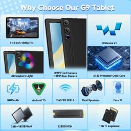 11.5 inch G9 Tablet PC Android 15, 30GB (6+24G Virtual) RAM+128GB Storage, A733 Octa Core, 1200*2000 Display, 8400mAh Battery, WiFi 6, Face Unlock, Widevine L1 for Entertainment