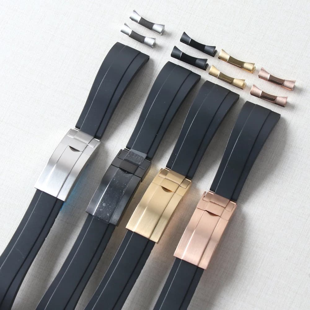 20mm Rubber Watch Band For Yacht-Master Seiko Daytona Submariner Curved End Strap With Endlink Buckle Black Silicone Bracelet
