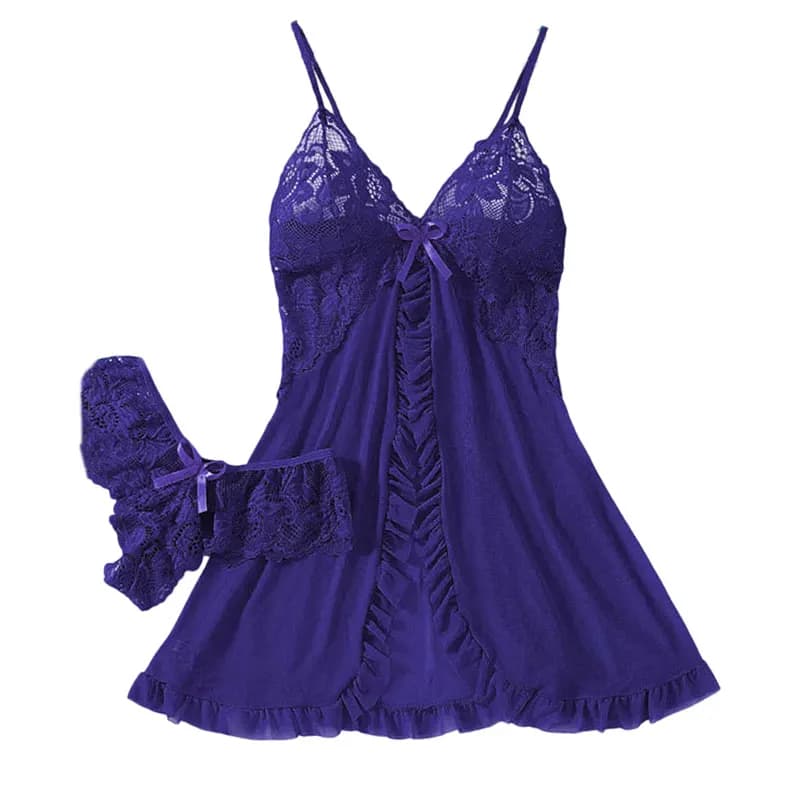 Summer Hot Sexy Sleepwear Dress Sleeveless Backless Women Lace Sheer Nightdress Solid Color Soft Pajamas Short V-neck Thong Set