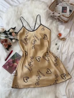 Heart Letter Print Nightdress Casual Round Neck Spaghetti Strap Sleep Dress Women's Sleepwear Dresses
