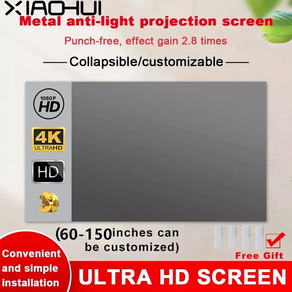 XIAOHUI Projector Screen Simple 16:9 Anti-Light Curtain 60/72/84/100/110/120/133/150 Inches Home Outdoor Office Portable 3d HD