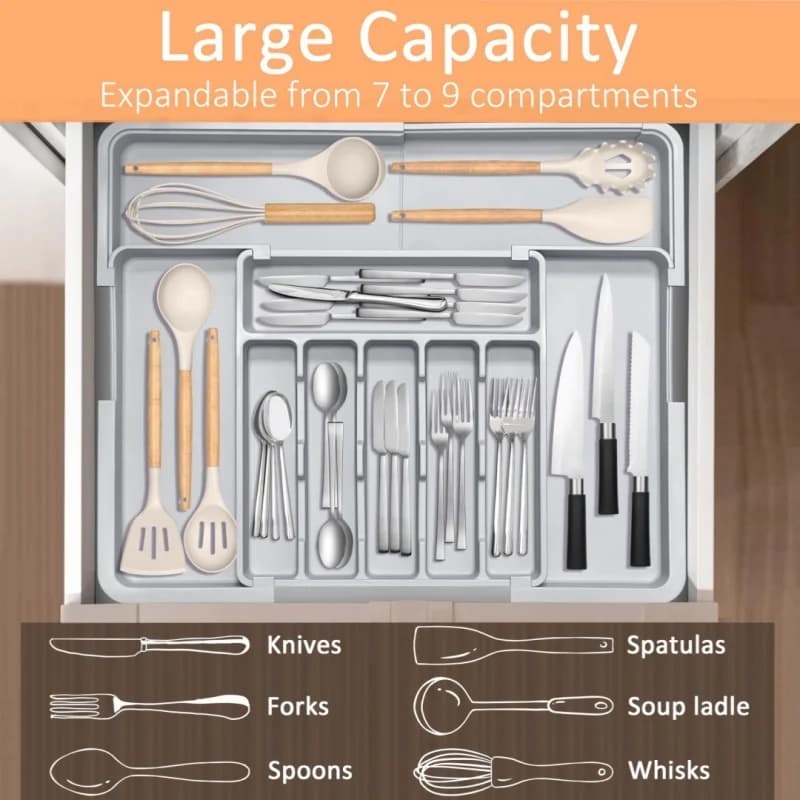 Grey Expandable Kitchen Utensil Drawer Organizer with 9 Compartments Large Adjustable Plastic Cutlery Storage Box