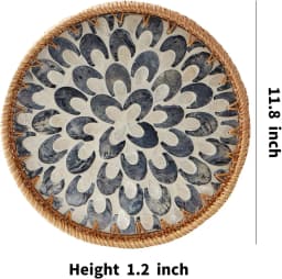 Round Rattan Tray with Mother of Pearl Inlay Rattan Serving Tray Wooden Base Storage and Display of Coffee Bread Food Fruit