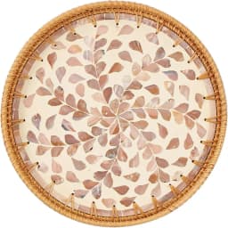 Round Rattan Tray with Mother of Pearl Inlay Rattan Serving Tray Wooden Base Storage and Display of Coffee Bread Food Fruit
