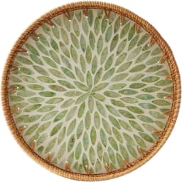 Round Rattan Tray with Mother of Pearl Inlay Rattan Serving Tray Wooden Base Storage and Display of Coffee Bread Food Fruit