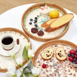 Round Rattan Tray with Mother of Pearl Inlay Rattan Serving Tray Wooden Base Storage and Display of Coffee Bread Food Fruit
