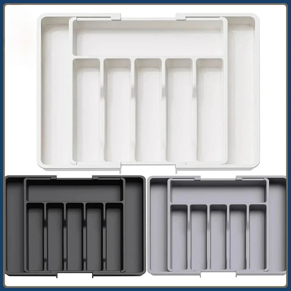 Upgraded Plastic Storage Tray, New Adjustable Cutlery Organizer, Cutlery Drawer Organizer with Compartment Slots