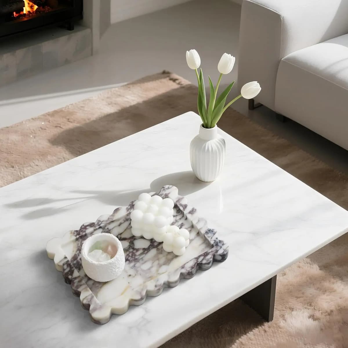 Calacatta Viola Scalloped Marble Tray, Natural Marble Stone Tray, Luxury Decorative Trays for Bathroom, Vanity, Home Decor