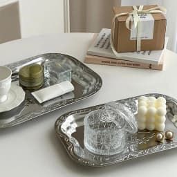 Vintage Stainless Steel Tray Floral Embossed Serving Trays For Dessert Rectangular Jewelry Storage Plate Home Decoration Tool