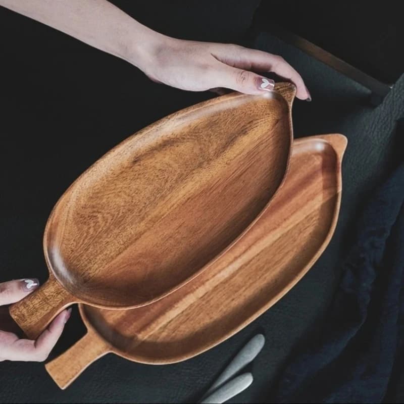1pcs Solid Wood Leaf Shaped Waterproof Wooden Tray for Steak Sushi Grilled Meat Pizza Afternoon Tea Commercial Use As Tableware