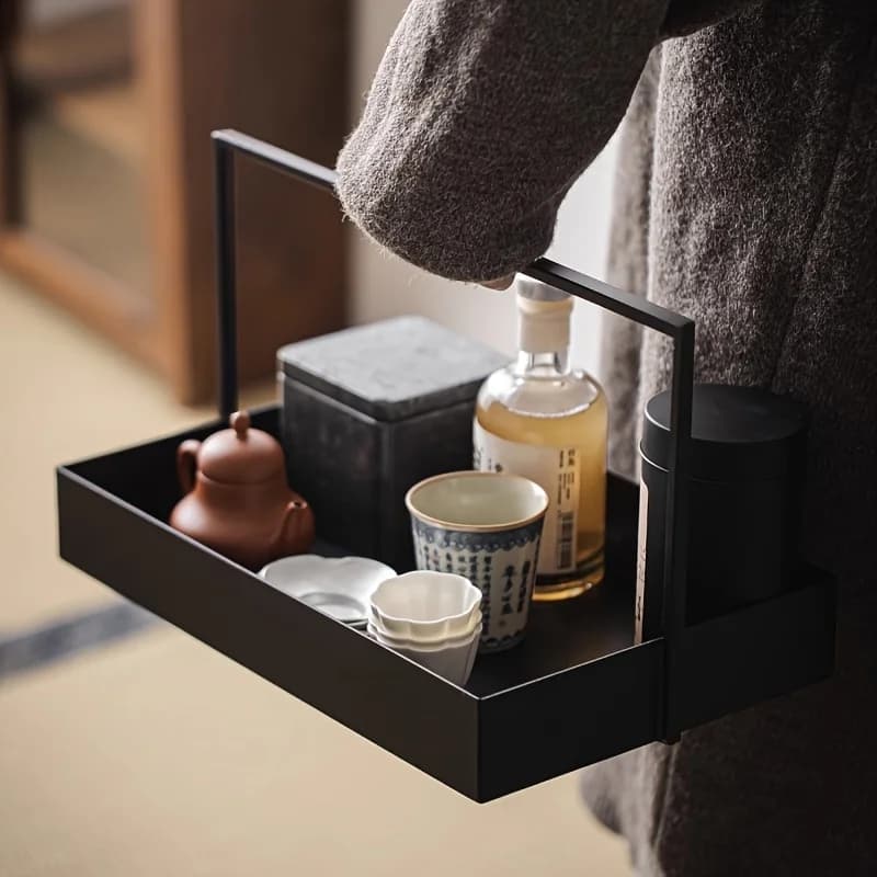 Black wrought iron serving tray with Tray and shelf for tea tray teacup teapot tea ceremony accessories, tableware water cup sto