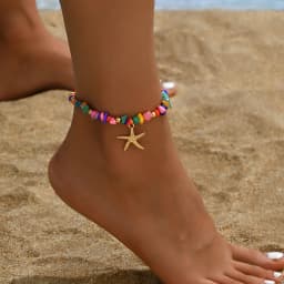 Beach Anklet for Women Bohemian Starfish Pendant Chip Stone Adjustable Gold Silver Multicolor Summer Vacation Jewelry