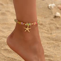 Beach Anklet for Women Bohemian Starfish Pendant Chip Stone Adjustable Gold Silver Multicolor Summer Vacation Jewelry