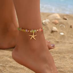 Beach Anklet for Women Bohemian Starfish Pendant Chip Stone Adjustable Gold Silver Multicolor Summer Vacation Jewelry
