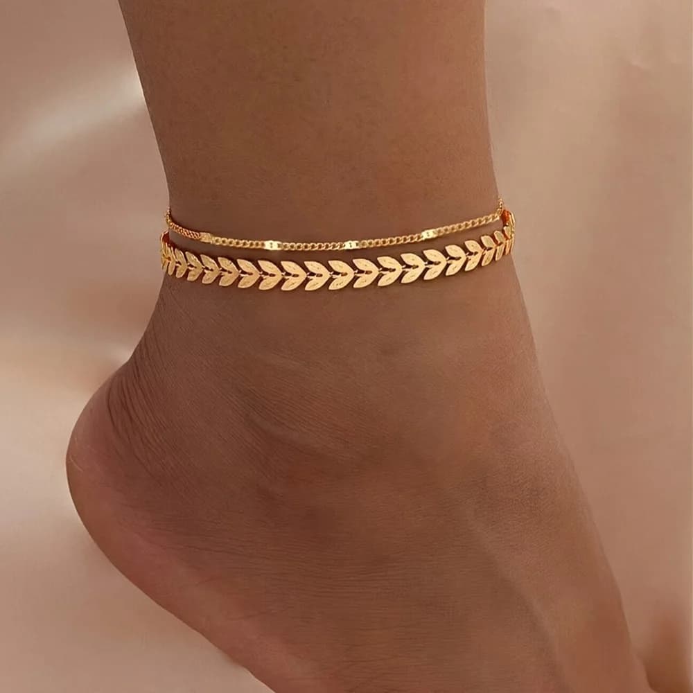 A retro and unique jewelry women's anklets with wheat ear double chains, suitable for both men and women. A gift for mom and gir