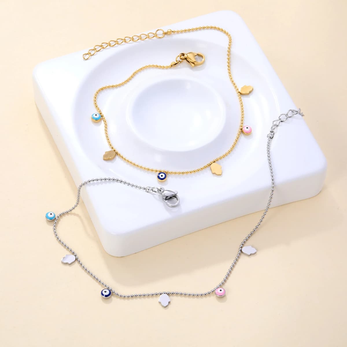 Female Summer Colorful Ankle Jewelry Turkish Eyes Hamas Hand Charms Anklets Surgical Steel Waterproof Simple Beach Accessories