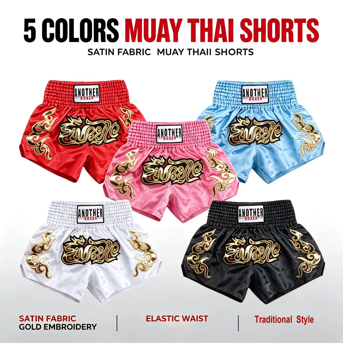 Muay Thai Shorts Satin Gold Embroidery Kickboxing Boxing Trunks Elastic Waist Fight Shorts for Men Women Kids Training Sparring