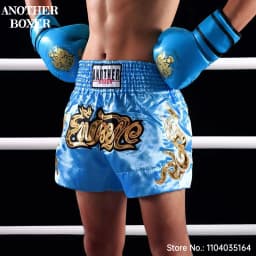 Muay Thai Shorts Satin Gold Embroidery Kickboxing Boxing Trunks Elastic Waist Fight Shorts for Men Women Kids Training Sparring