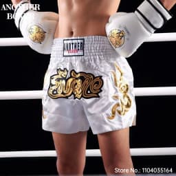 Muay Thai Shorts Satin Gold Embroidery Kickboxing Boxing Trunks Elastic Waist Fight Shorts for Men Women Kids Training Sparring