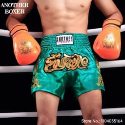 Muay Thai Shorts Satin Gold Embroidery Kickboxing Boxing Trunks Elastic Waist Fight Shorts for Men Women Kids Training Sparring