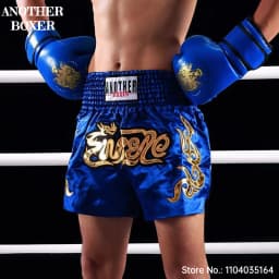 Muay Thai Shorts Satin Gold Embroidery Kickboxing Boxing Trunks Elastic Waist Fight Shorts for Men Women Kids Training Sparring