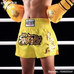 Muay Thai Shorts Satin Gold Embroidery Kickboxing Boxing Trunks Elastic Waist Fight Shorts for Men Women Kids Training Sparring