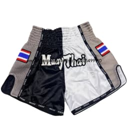 Adult Kids MMA Muay Thai Boxing Shorts Elastic Waist Satin Split Color Fight Shorts Mesh Side Thailand Flag Patch for Kickboxing