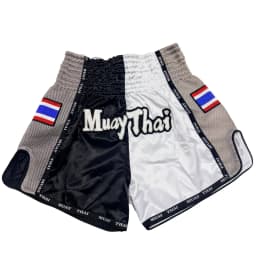 Adult Kids MMA Muay Thai Boxing Shorts Elastic Waist Satin Split Color Fight Shorts Mesh Side Thailand Flag Patch for Kickboxing