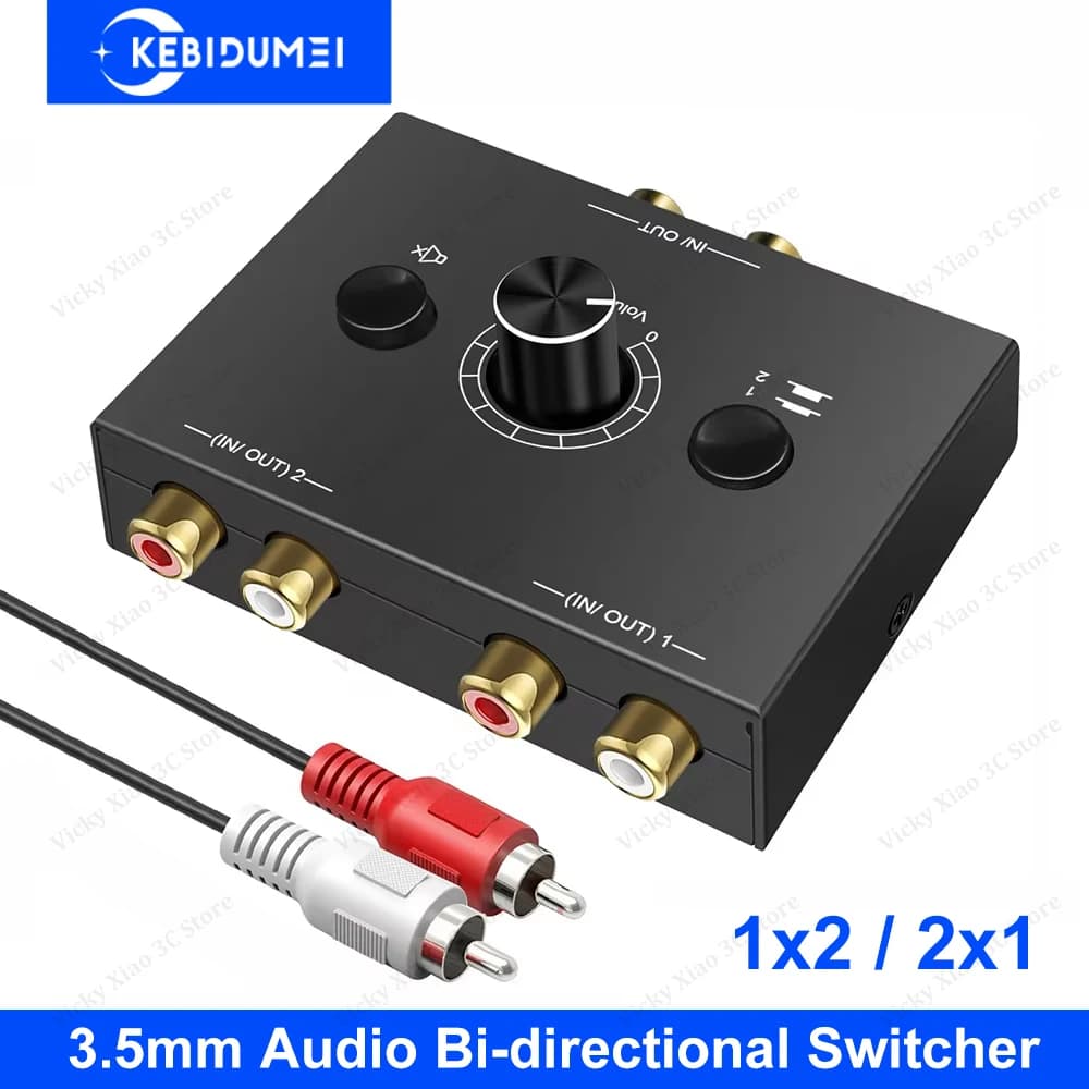 Bi-Directional Audio Switcher RCA Audio Adapter with Mute Button 2 in 1 Out/1 in 2 Out RCA Stereo Audio Switch for Speaker