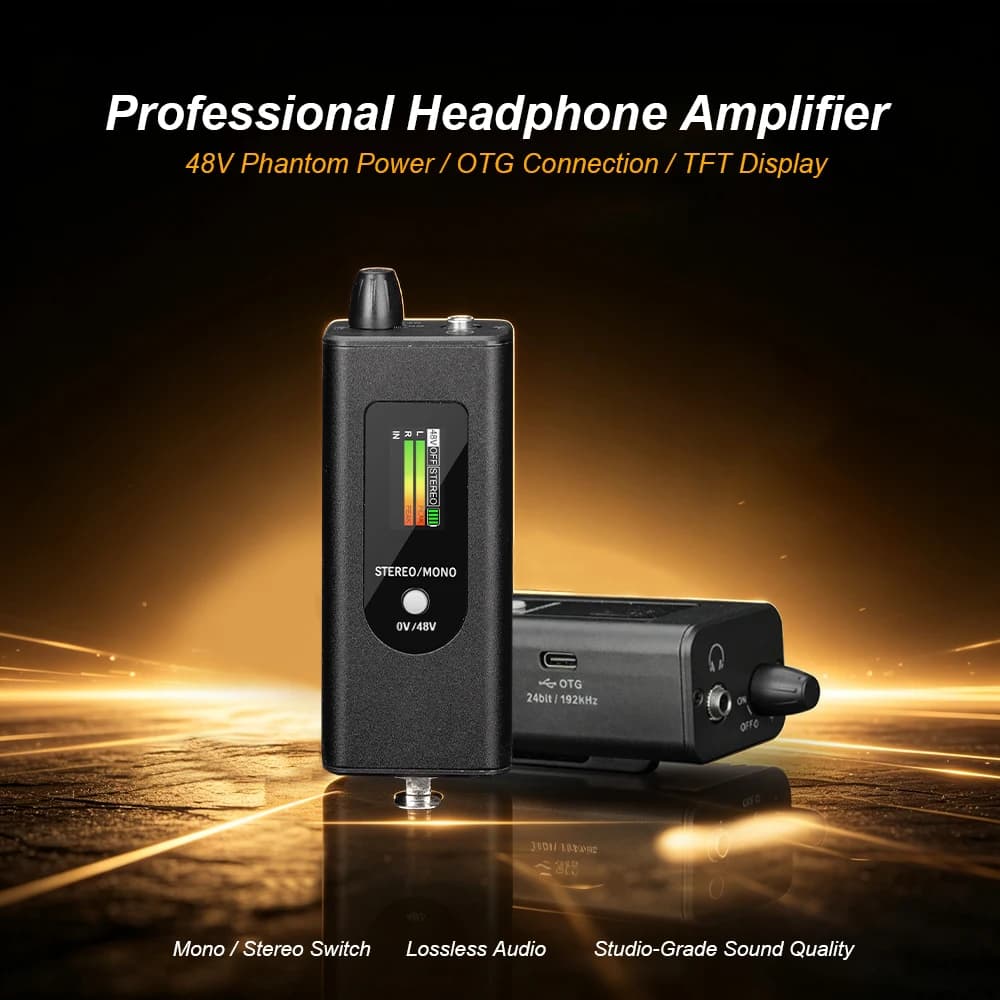 EM1 Professional Headphone Amplifier with 48V Phantom Power, OTG Connection, TFT Display, Channel Switching, and Low-Noise M