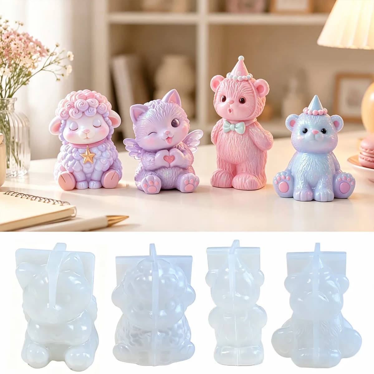 DIY Keychain Pendant Silicone Mold 3D Cat, Bear, Sheep Dropper Mold Mirror Resin Ornament Keychain Silicone Mold