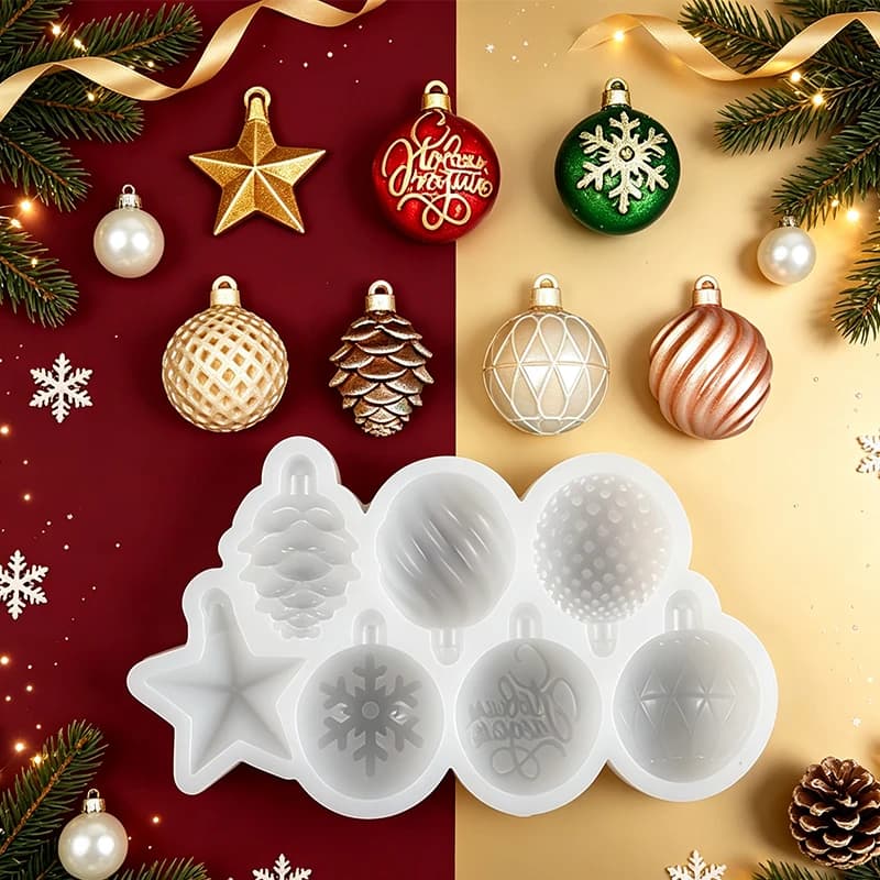Christmas Ornament Silicone Mold 8-Cavity Xmas Ball Star Snowflake Pinecone Pendant DIY Christmas Tree Hanging Decor Resin Mold