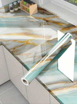 10M Marble Decor Stickers Self Adhesive Waterproof Oil Proof Aluminum Foil Wallpaper for Kitchen Cabinet Countertop Renovation