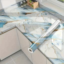 10M Marble Decor Stickers Self Adhesive Waterproof Oil Proof Aluminum Foil Wallpaper for Kitchen Cabinet Countertop Renovation