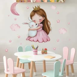 Cute Cartoon Girl Hugging Rabbit Wall Sticker Nursery Kids Room Decor Removable Self-Adhesive Home Art Decal