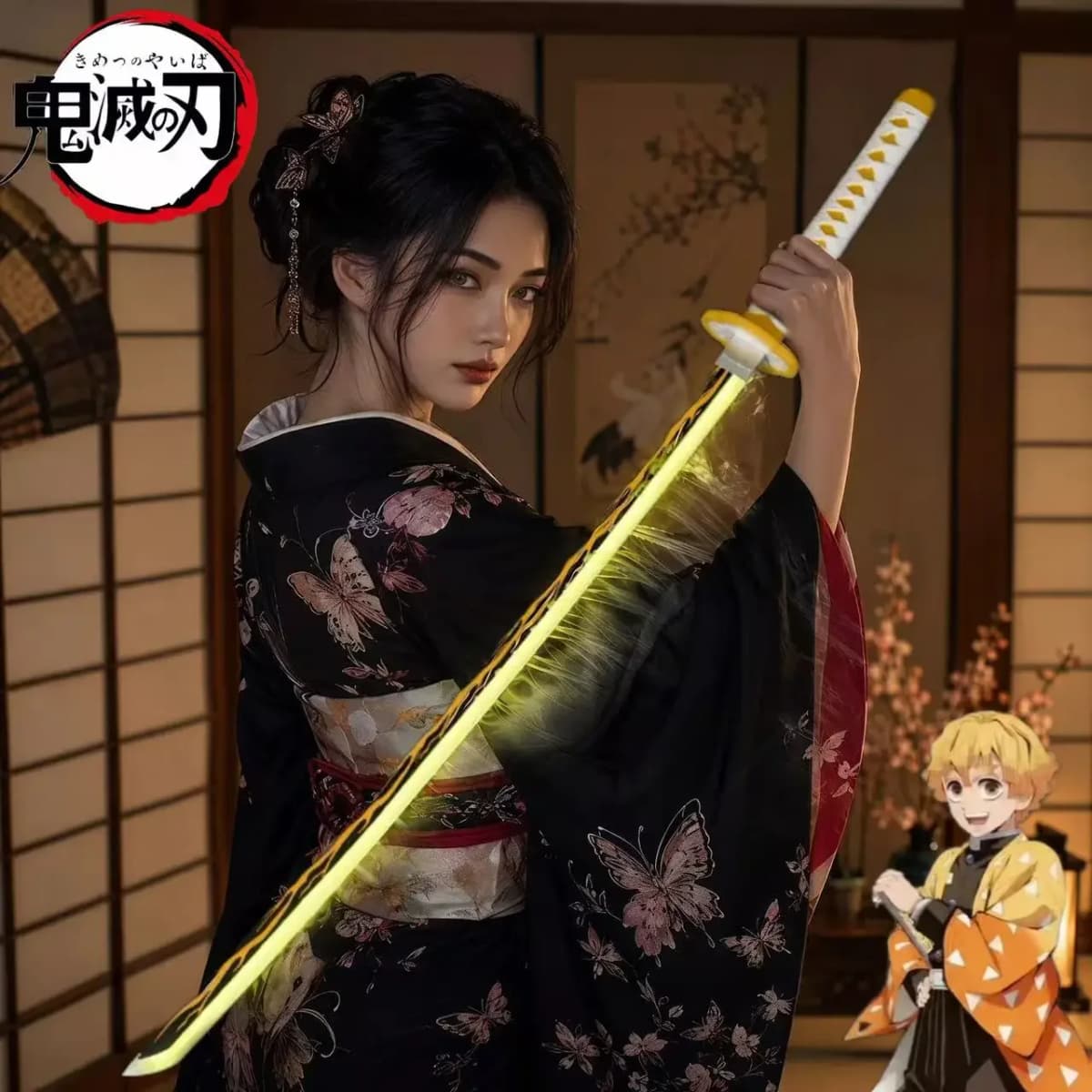 43cm 16.93inch Demon Slayer Zenitsu Nichirin Sword Cosplay Replica Wood Prop Light Up Smoke Effect Anime Decor Display Gift