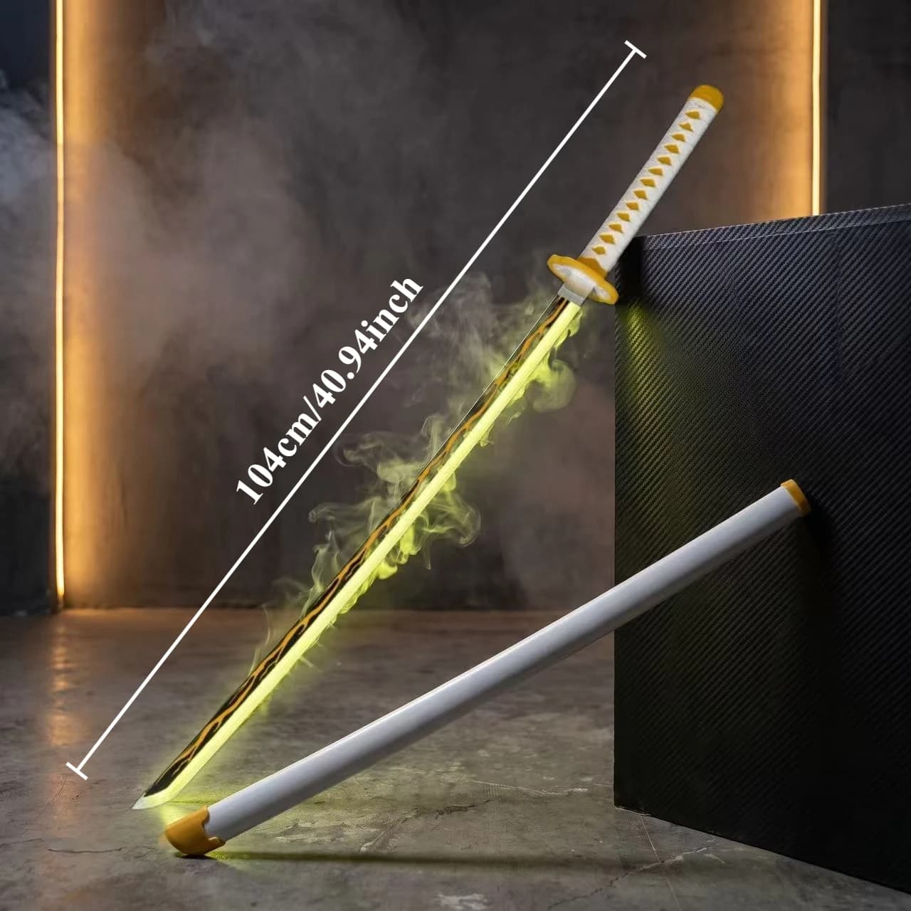43cm 16.93inch Demon Slayer Zenitsu Nichirin Sword Cosplay Replica Wood Prop Light Up Smoke Effect Anime Decor Display Gift