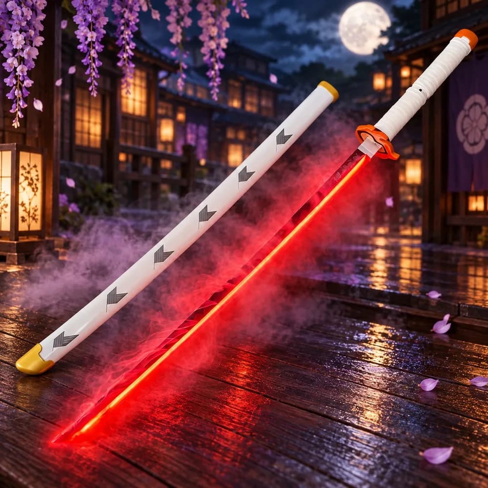 40inch Demon Slayer Kokushibo Katana LED Lightsabre Mist Original Cosplay Accessories Prop Wood Katana Vapor Schwert Toy Gift