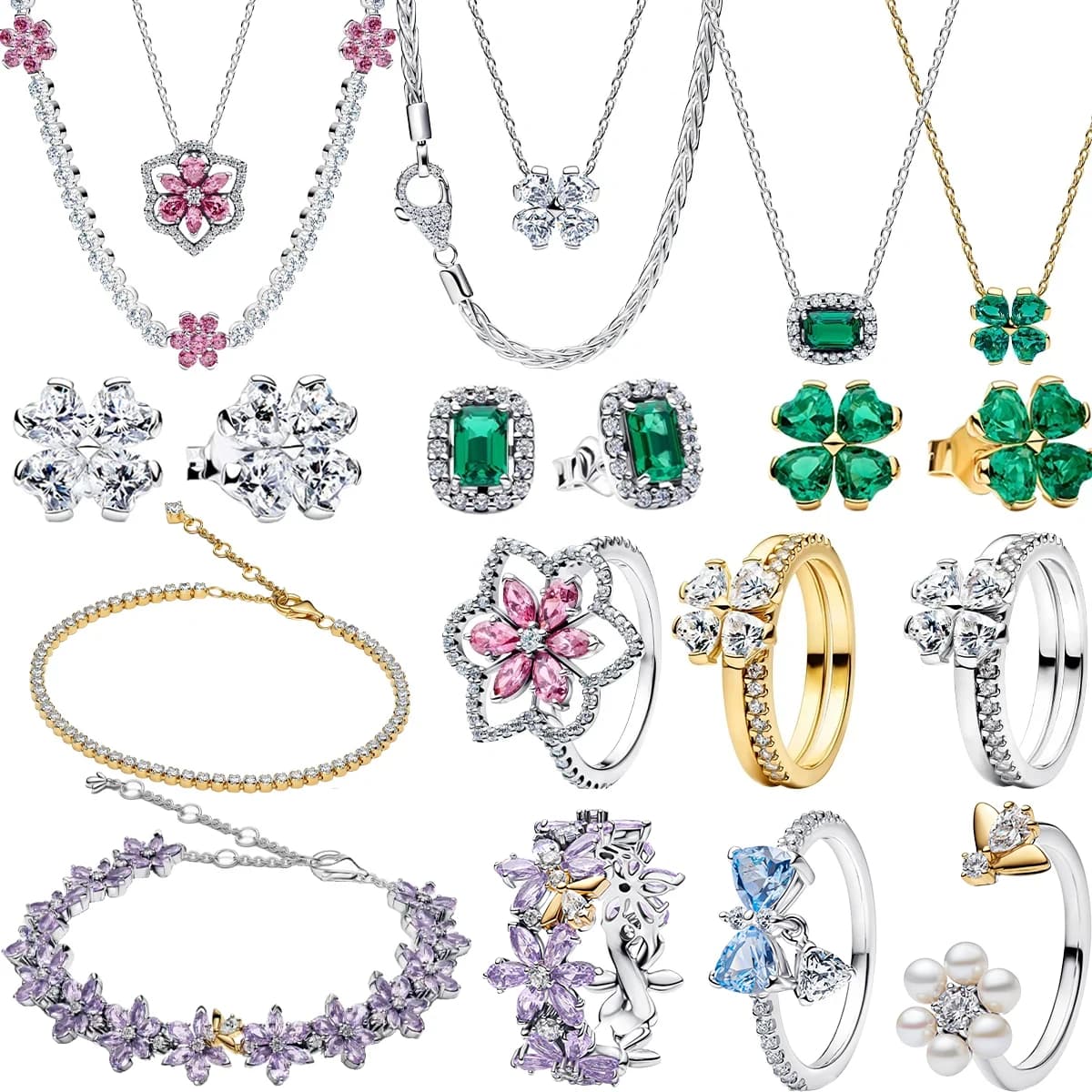 New 925 Sterling Silver Four Leaf Clover Flower Ear Stud Ring Pendant Bead fit DIY Women's Bracelets Necklaces Jewelry Gifts