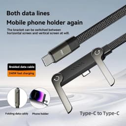 Creative 240w Cable Charger with Built-in Phone Stand 2-in-1 Fast Charging Cord Sideways Phone Charger for Smartphones Tablets