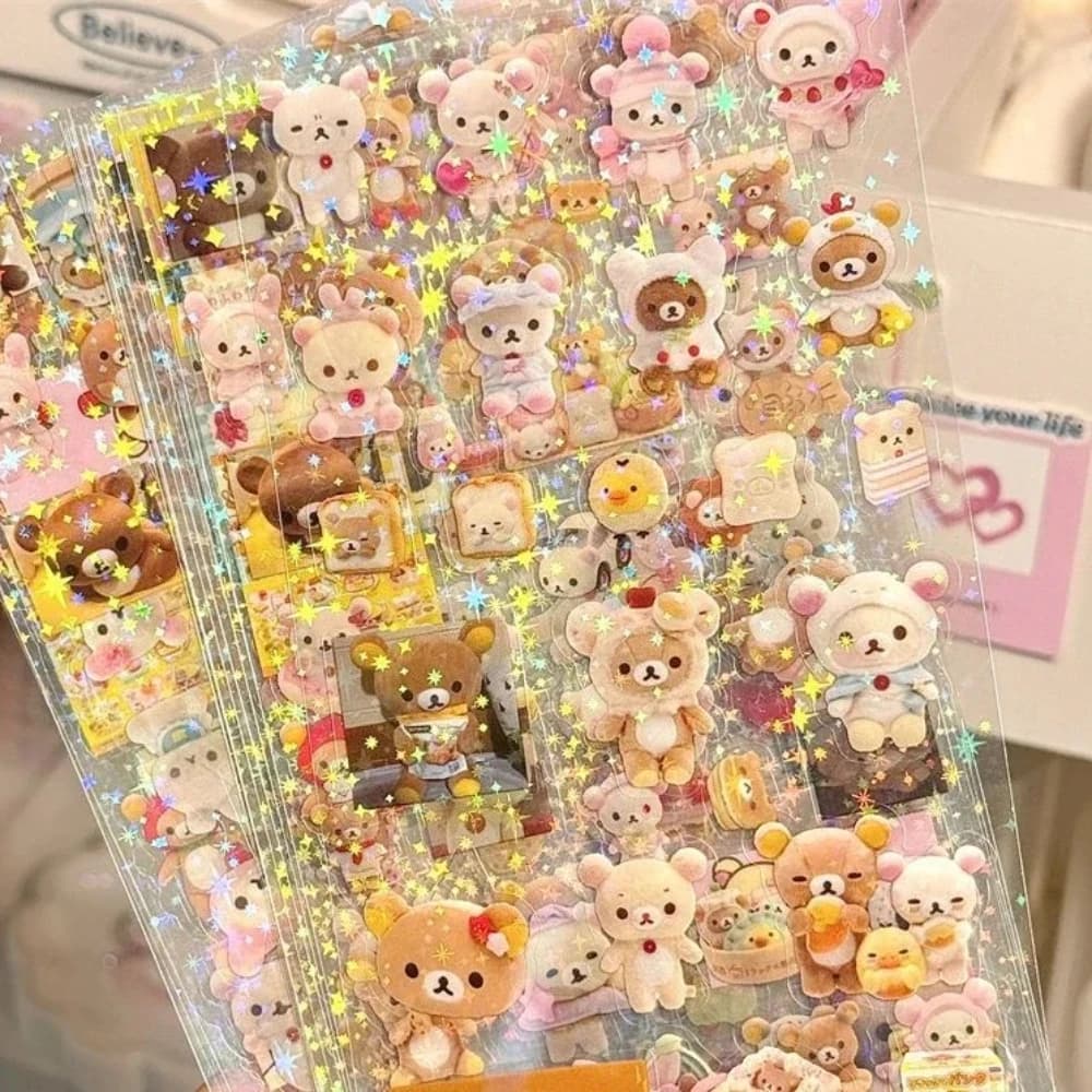 5PCS Cartoon Cute Hello Kitty Rilakkuma Stickers Die-cutting Sticker Anime Handbooks Material Flashing Laser Sticker Kid Toy
