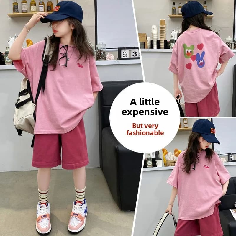 Summer Girls Cotton Alphabet Prints T-Shirt Tops+Plain Shorts Pant Workout Sets School Kids 2PCS Tracksuit Child Outfits 5-16 Yr